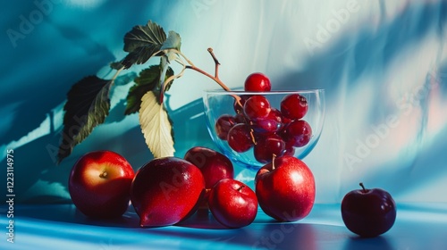 Fresh cherries and apples in a glass bowl on a blue backdrop photo