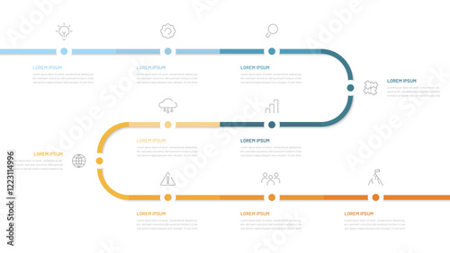 A ten-step timeline for evaluating the implementation of a project or business plan. Infographics for presentation, report in the form of a sequential route