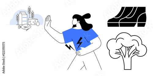 Woman raising hand against unhealthy food, focusing on fitness and environment. Ideal for promoting healthy living, resistance to temptation, diet, nutrition awareness, fitness motivation