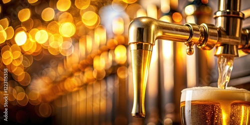 Close-up shot of a beer tap with a golden liquid flowing out of it, glassware, craft beer equipment, pub photo