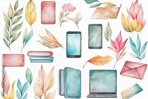 Colorful watercolor illustration featuring various devices and leaves, ideal for design projects