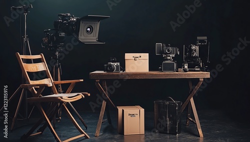 A director's chair, film camera, and other equipment are arranged on the left side of an empty black