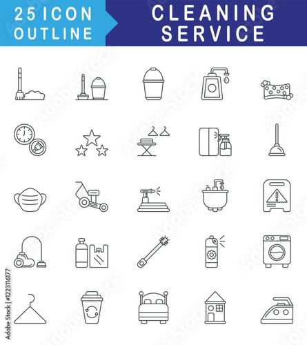 Cleaning Service icon set collection. Consist of Broom, Mop, Bucket, Cleaning soap, Vacuum cleaner, Working hours. Simple vector outline illustration.
