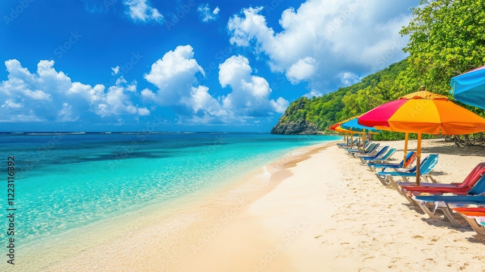 Vibrant beach with colorful umbrellas and chairs on sandy shoreline Vibrant beach with colorful umbrellas and chairs on sandy shoreline