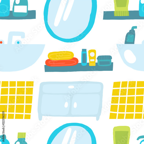 Bathroom interior seamless pattern. Cute hand drawn doodle repeatable pattern with mirror, tile, sink, tap, soap, towel, shelf, gel, cosmetics, shampoo, table, cream. Modern restroom background