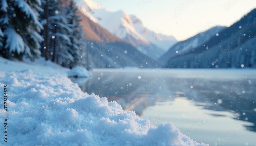 Obraz premium powdery flakes gently falling on a frozen lake, peacefulness, snowfall