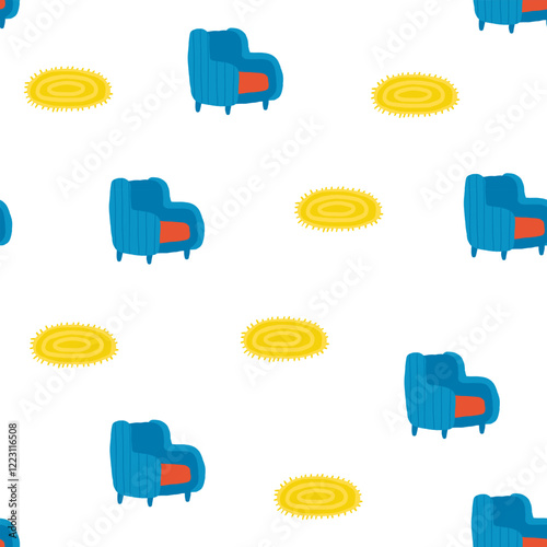 Living interior seamless pattern. Cute hand drawn doodle house furniture items repeatable pattern with chair, armchair, pot, pouf, pouf chair, ottoman bag, sofa, carpet. Modern flat apartment elements