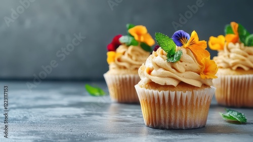 Floral Delights: Three cupcakes with creamy frosting and vibrant edible flowers, creating a delightful and artistic culinary masterpiece.   photo