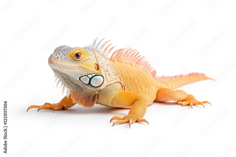 Obraz premium Vibrant iguana with striking colors posed against a clean white background, showcasing its unique features