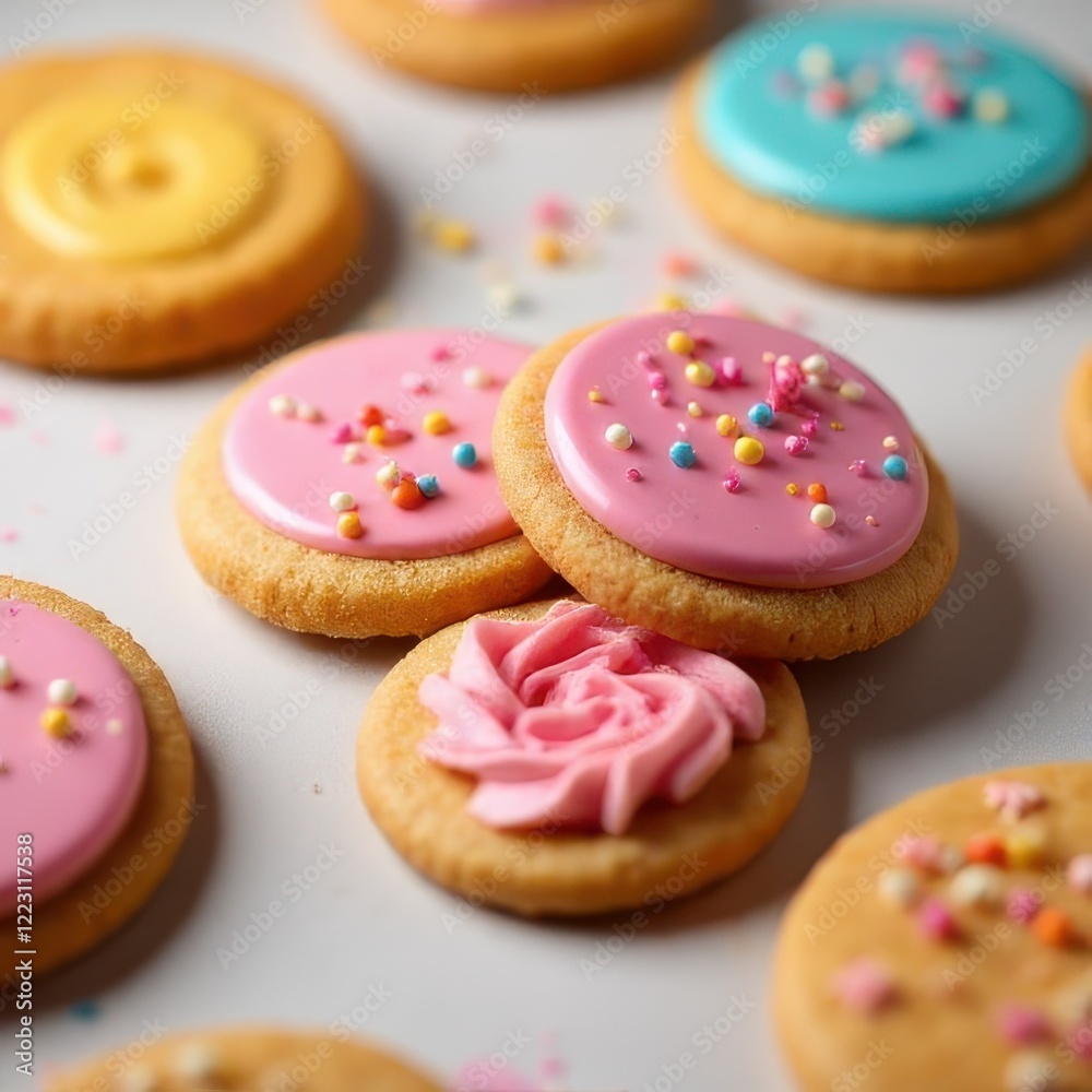 Cookie icing mockup with a clean background, displaying a round cookie with precise icing details, ideal for food branding projects. Cookie icing mockup with a clean background, displaying a round cookie with precise icing details, ideal for food branding projects.