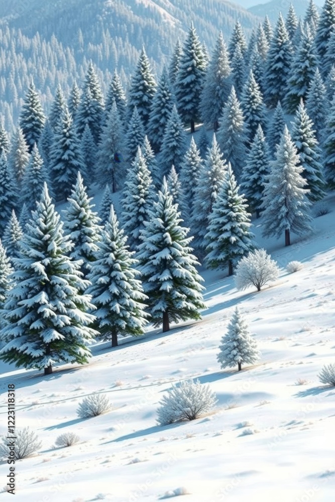 snowy trees in a field with a mountain in the background snowy trees in a field with a mountain in the background
