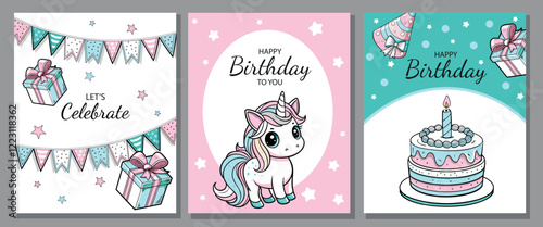 Set of cute birthday designs featuring pastel unicorns, cakes, and gift boxes. Ideal for invitations, greeting cards, or party decorations. Perfect for kids' events and whimsical themes.