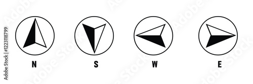 Compass icon. Nautical compass for travel with sign of north, south, west, east. Set of logo for map and navigation. Symbol of direction. Arrow, dial for orientation of latitude, longitude. Vector