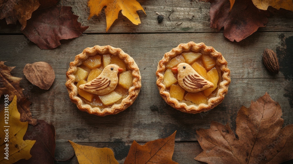 Autumn-themed apple tarts with bird decorations and colorful leaves on rustic wooden background Autumn-themed apple tarts with bird decorations and colorful leaves on rustic wooden background