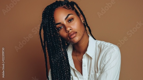 An African American woman with striking long box braids gazes confidently into the distance, radiating elegance and poise in a softly lit, neutral-toned atmosphere photo