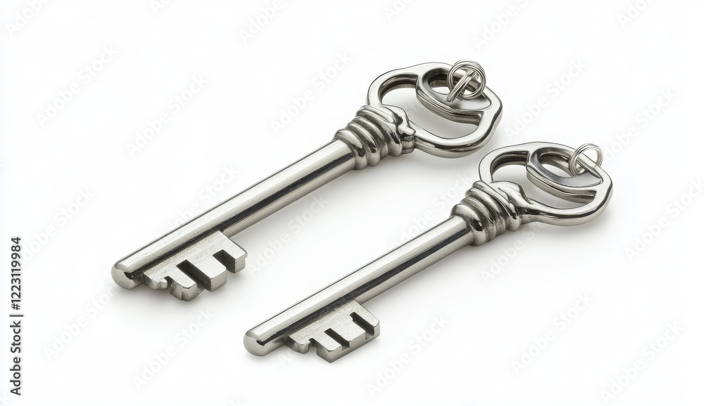 silver keys with a house-shaped keychain, isolated on a white background silver keys with a house-shaped keychain, isolated on a white background