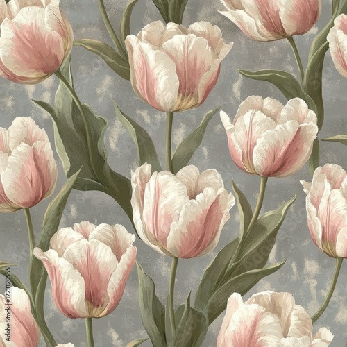 Pink and White Tulips on Gray Background