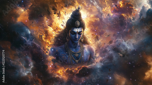 Lord Shiva, the Hindu god of destruction and regeneration, symbolizes meditation, power, and transformation. He is part of the holy trinity alongside Brahma and Vishnu. photo