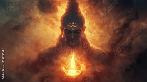 Lord Shiva, the Hindu god of destruction and regeneration, symbolizes meditation, power, and transformation. He is part of the holy trinity alongside Brahma and Vishnu.