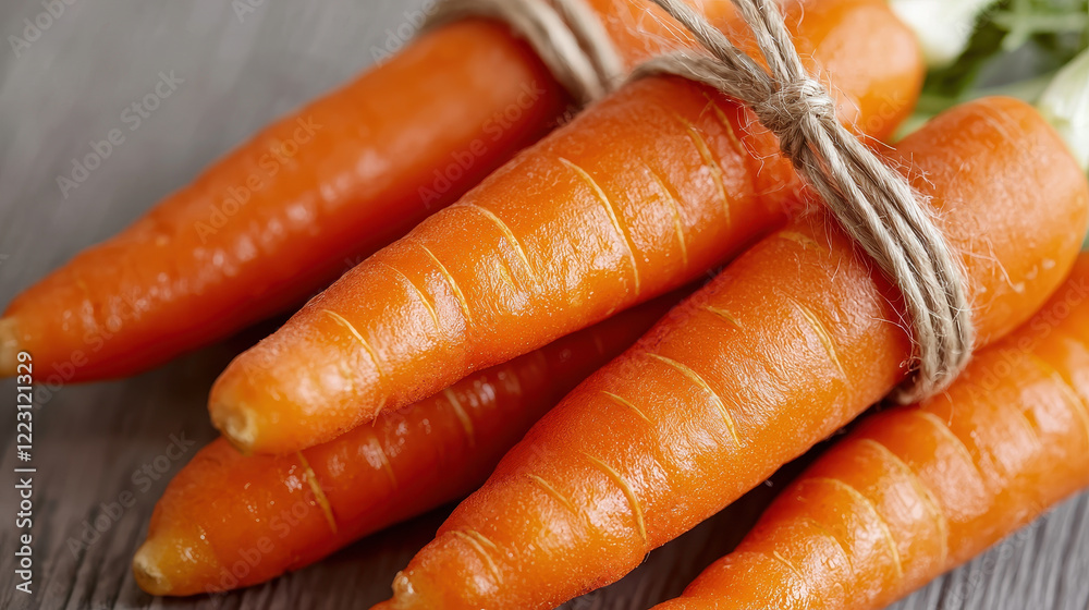Fresh baby carrots tied with twine on rustic wooden surface Fresh baby carrots tied with twine on rustic wooden surface
