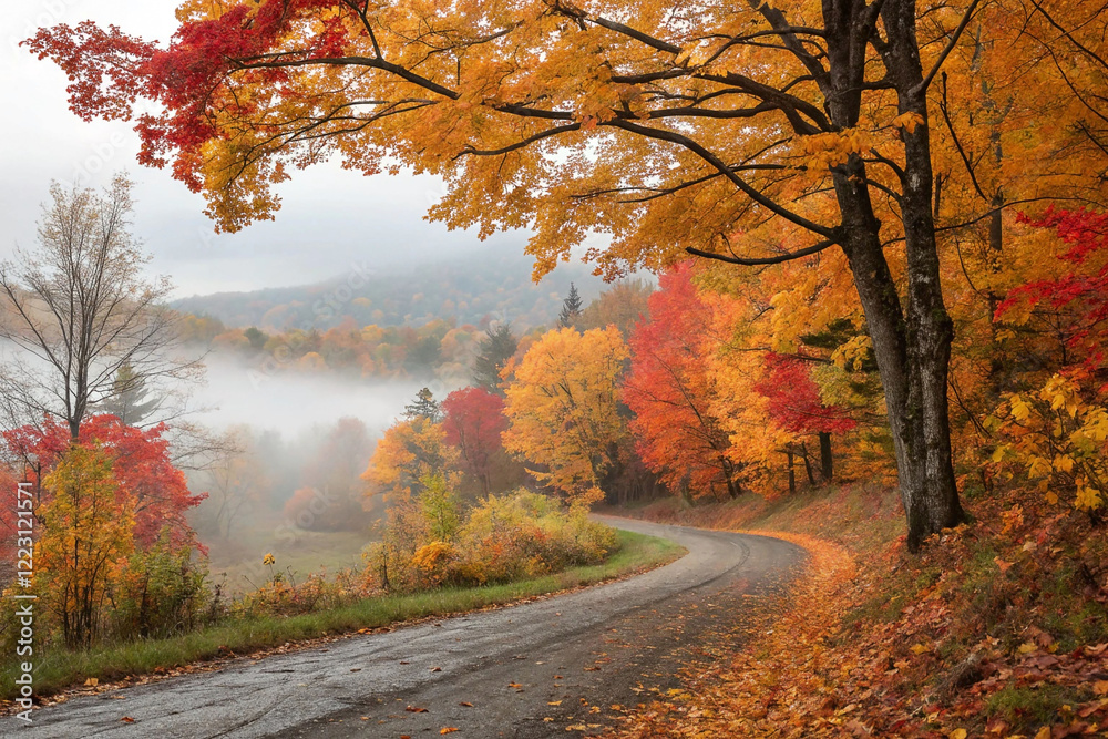 Fototapeta premium Misty autumn road curves through vibrant fall foliage.