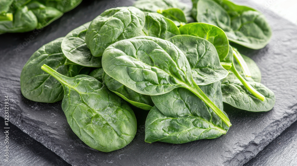 Obraz premium Fresh spinach leaves on slate surface