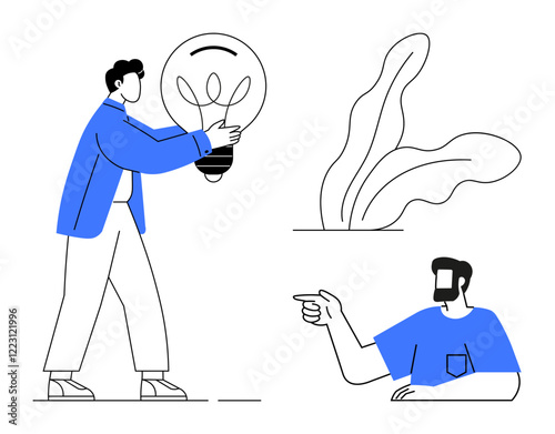 Two individuals interacting one holding a light bulb, another pointing, with minimalistic plant art. Ideal for collaboration, creativity, teamwork, innovation, conversation nature ideas. Abstract