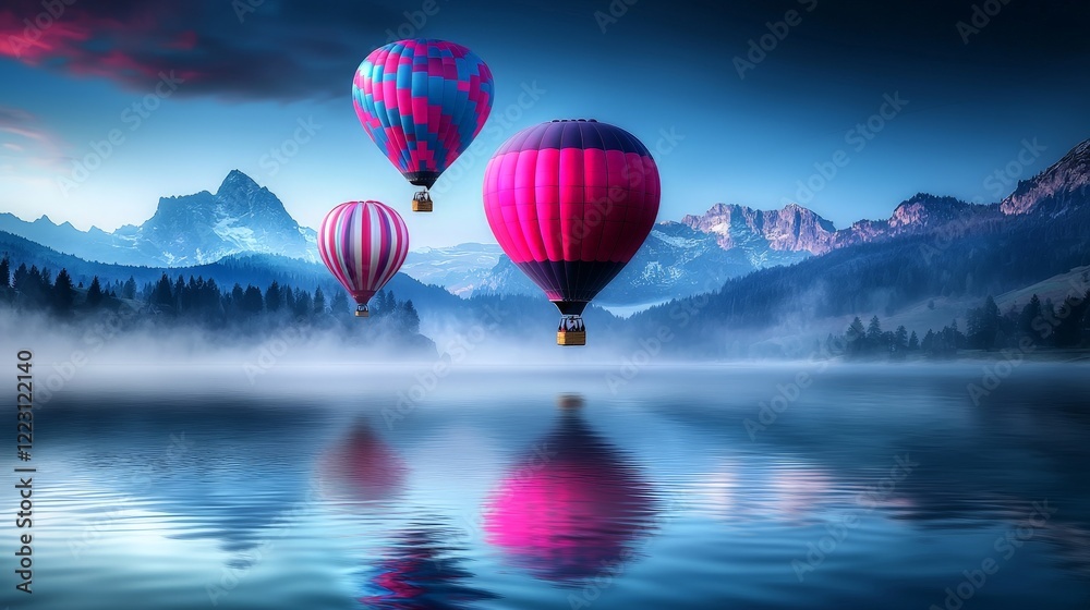 Fototapeta premium Colorful Hot Air Balloons Reflected on Calm Lake at Dawn