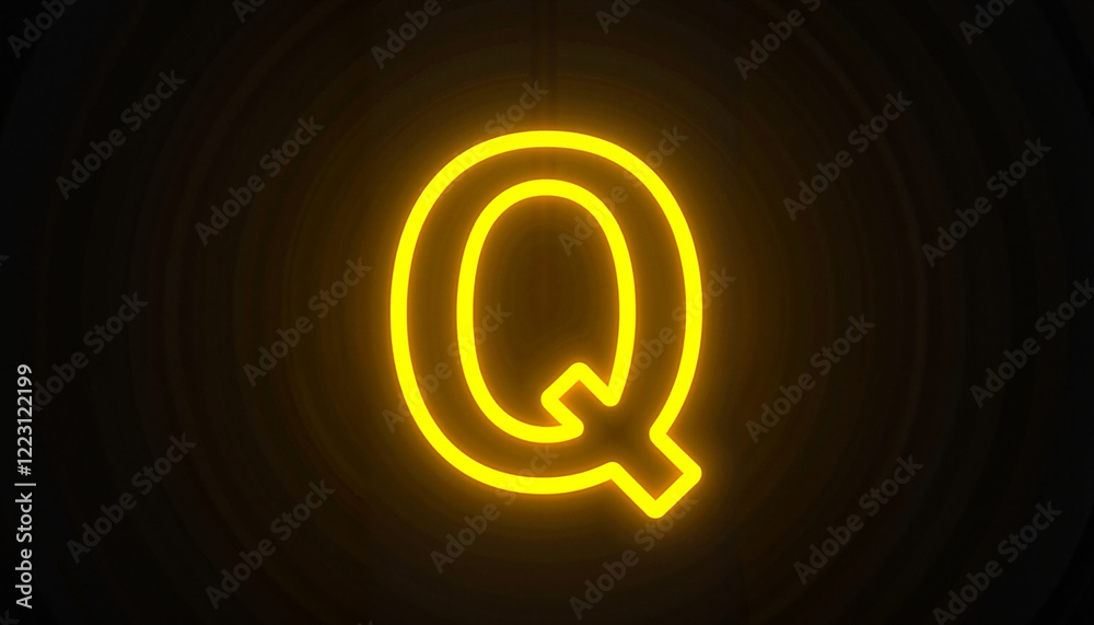 Obraz premium Bright neon letter Q in yellow on a dark background with a glowing effect and copy space