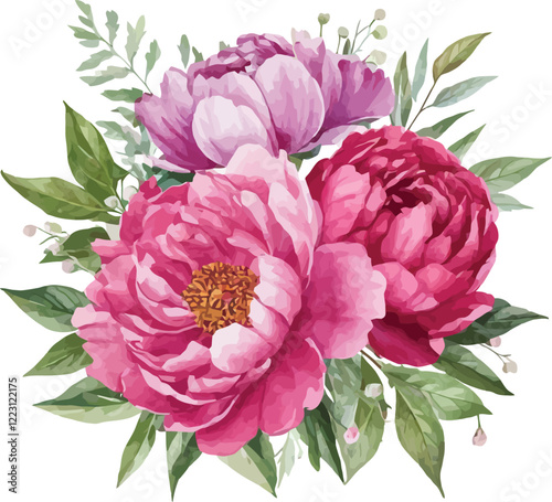 watercolor peony flower bouquet vector illustration isolated background 