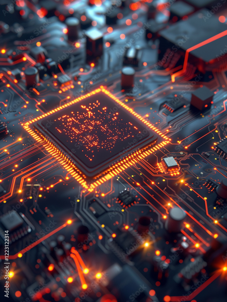 High-tech circuit board with glowing microchip High-tech circuit board with glowing microchip
