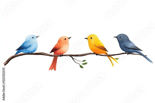 Colorful birds perched on a branch, showcasing vibrant plumage against a white background