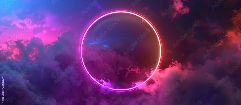 Neon circle glowing in a dark, fog-filled sky, colorful hues blending with clouds, ideal for a modern abstract banner. Neon circle glowing in a dark, fog-filled sky, colorful hues blending with clouds, ideal for a modern abstract banner.