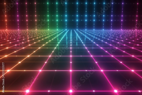Colorful Abstract Grid Background with Neon Lights and Depth Effects