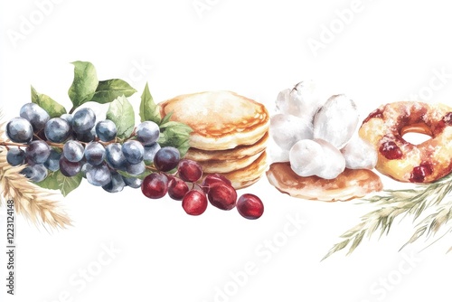 A colorful arrangement of pancakes, fruits, and pastries, showcasing a vibrant breakfast spread