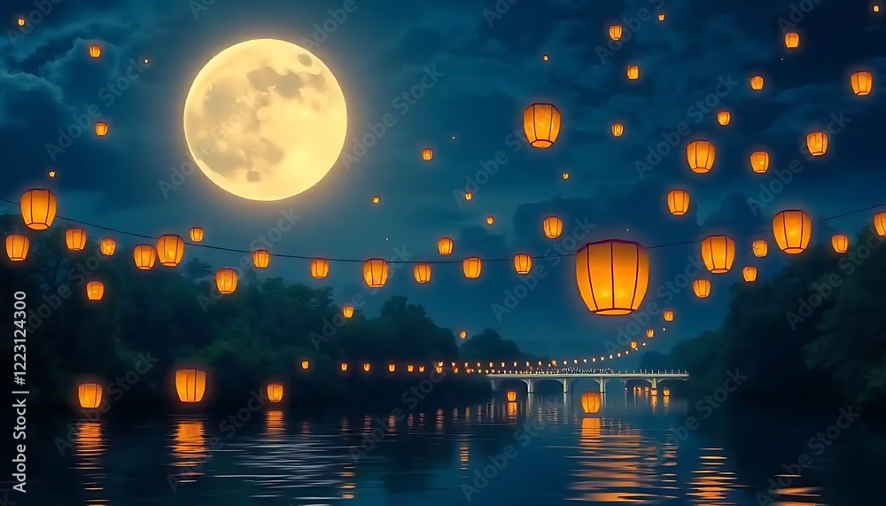 Naklejka premium Night scene with lanterns floating over water under a full moon