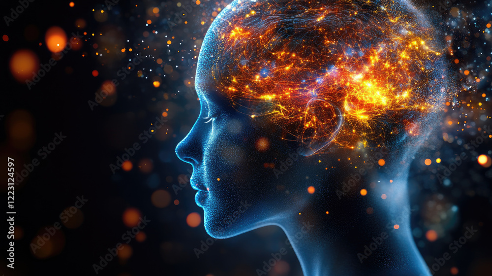 Exploring the cosmic mind abstract human head with fiery brain imagery digital art fantasy dark background side view Exploring the cosmic mind abstract human head with fiery brain imagery digital art fantasy dark background side view