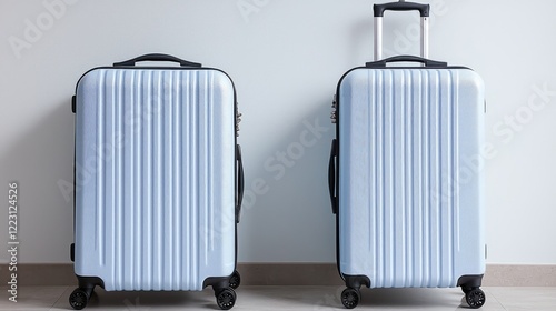 Two light-blue suitcases stand against a wall, ready for travel photo