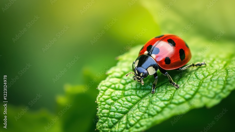 Vibrant ladybug on leaf in bright green garden close-up Vibrant ladybug on leaf in bright green garden close-up