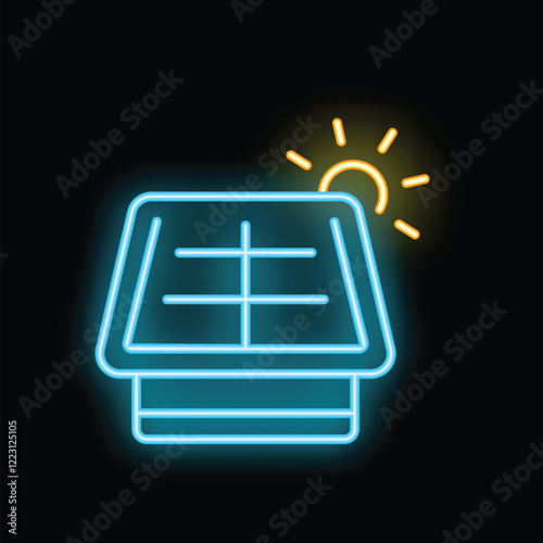 Blue and yellow neon icon of a solar panel converting sunlight to electricity