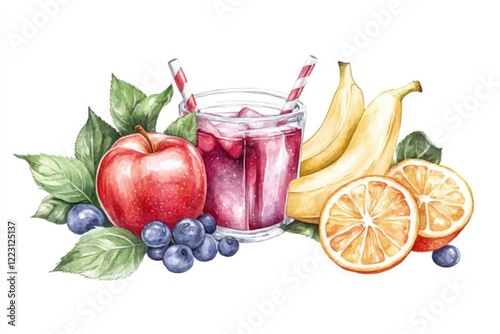 A vibrant illustration of a refreshing fruit drink with bananas, apples, and oranges surrounded by leaves