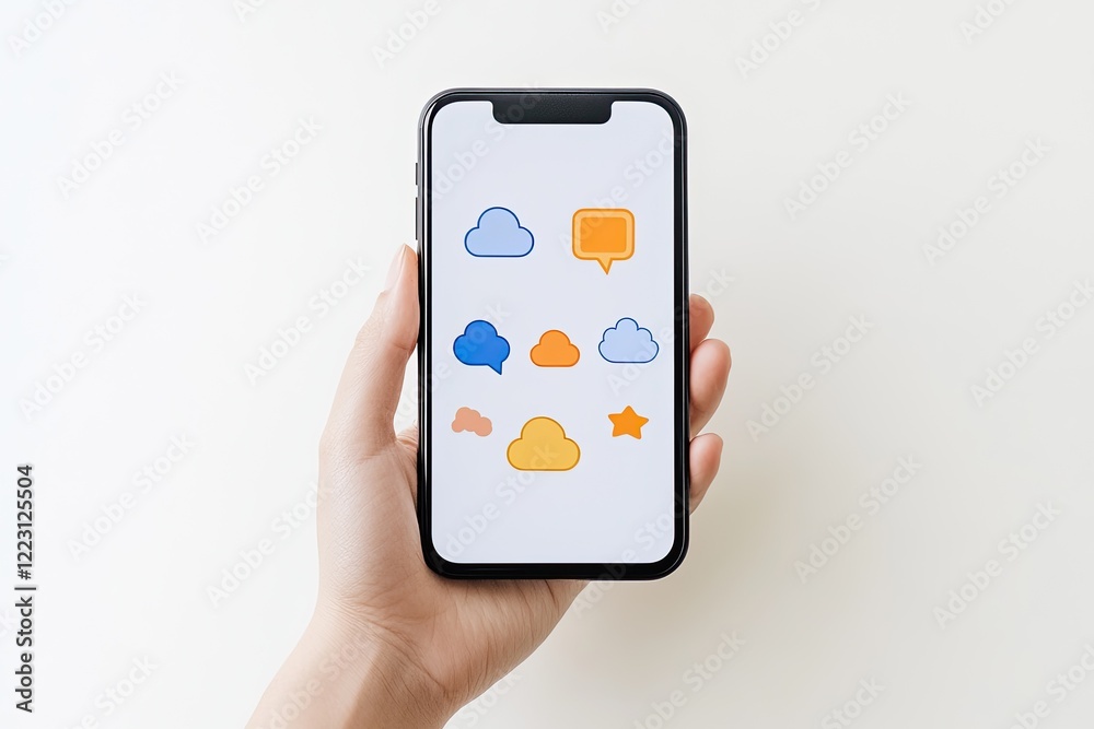 Hand holding a smartphone displaying colorful chat and cloud icons on a light background