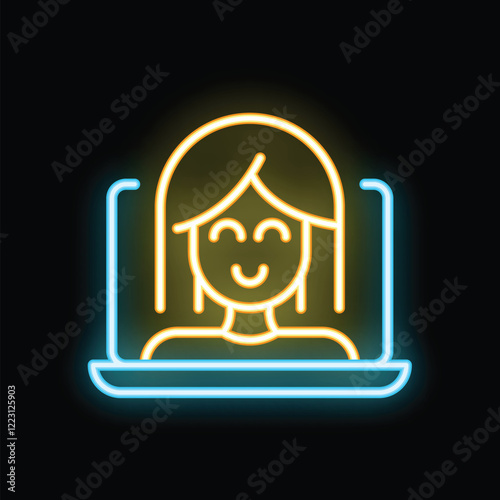Neon sign of a happy woman smiling inside a laptop screen, representing online happiness and digital well being