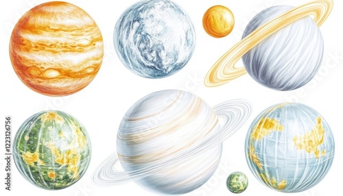 Colorful illustrations of planets in a solar system, showcasing diverse textures and sizes