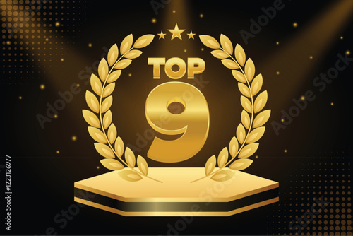 Luxury Golden Podium with Laurel Wreath and Top 9 Ranking