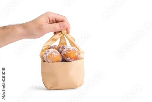 Hand holding a bag of powdered donuts against a white background, emphasizing freshness and indulgence