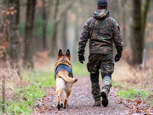 A soldier and a German Shepherd walk together along a forest path, surrounded by trees and fallen leaves. photo