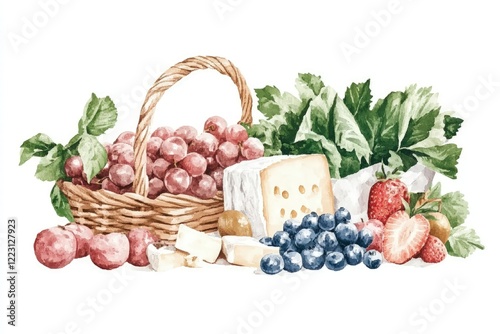 A vibrant still life featuring a basket of grapes, assorted cheeses, and fresh fruits on a white background