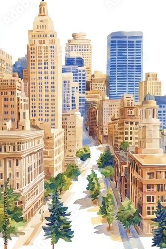 A vibrant cityscape showcasing tall buildings and green trees along a sunlit street