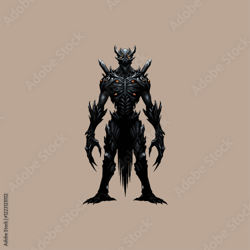 A menacing obsidian creature stands tall, its sharp claws and glowing eyes hinting at a dark fantasy world.  The mood is ominous yet captivating.